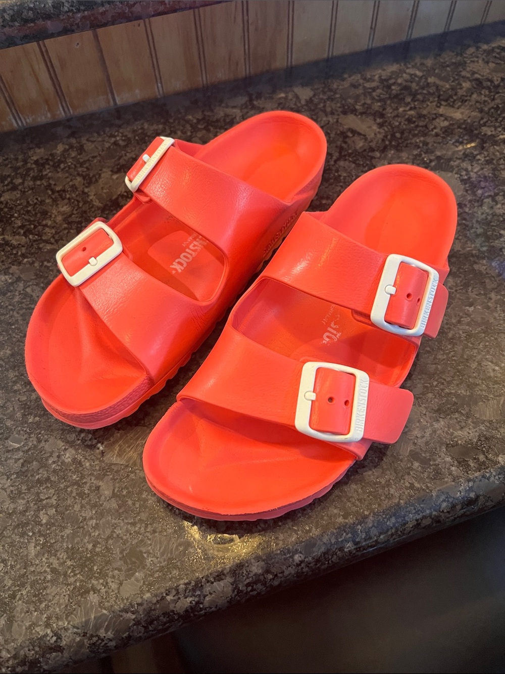 Authentic Birkenstock Bright Red Dual-Buckle Slide Sandals